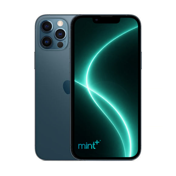 Photo of iPhone 12 pro max blue with mint+ wallpaper
