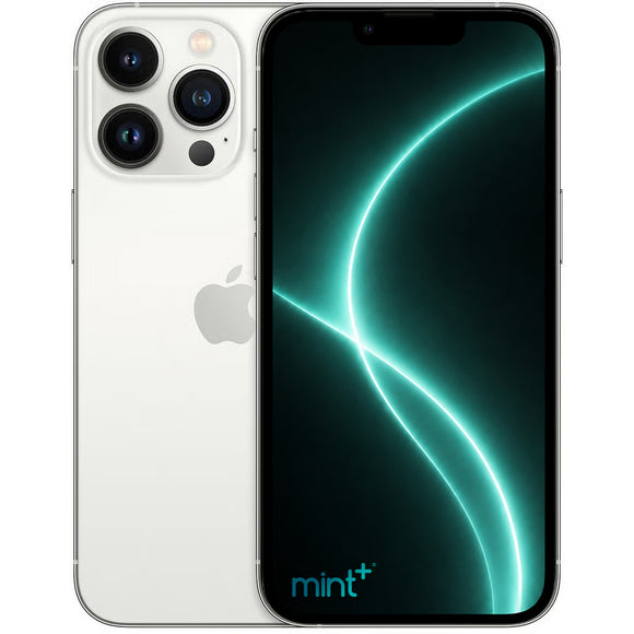 Photo of a silver iPhone 13 Pro with mint+ wallpaper